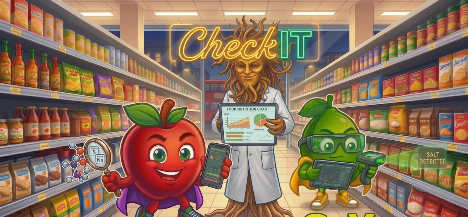 The CheckIT Crew at work in a supermarket aisle &mdash; KiP, the red-apple explainer, holds a magnifying glass over a salt molecule and a phone showing a nutrition scan; Dr RooT, the tree-rooted analyst in a lab coat, holds a tablet showing a Food Nutrition Chart; SaK, the green-pear scanner, points a barcode scanner at a product flagging SALT DETECTED. Behind them, the CheckIT wordmark glows as a neon sign &mdash; Check in amber, IT in emerald.